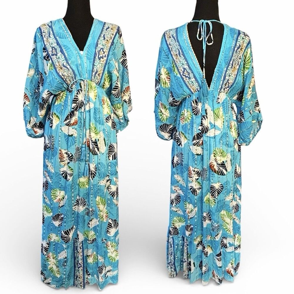 Botanical Maxi Kaftan Dress Blue Tropical Glitter Deep V Kimono Caftan